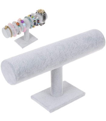 Pelēks rotaslietu, pulksteņu un aproču statīvs ar zamšādas imitāciju, 24 cm