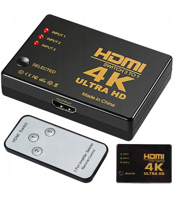 HDMI pārslēdzējs ar infrasarkano staru pulti, 3 ieejas un 1 izeja, 4K UHD