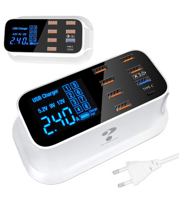 Galda tīkla lādētājs tālruņiem ar 8 USB pieslēgvietām, USB-C un displeju, QC 3.0, 40 W, 14 x 7,5 x 5 cm