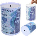Metāla krājkase kārbas formā ar banknotes apdruku