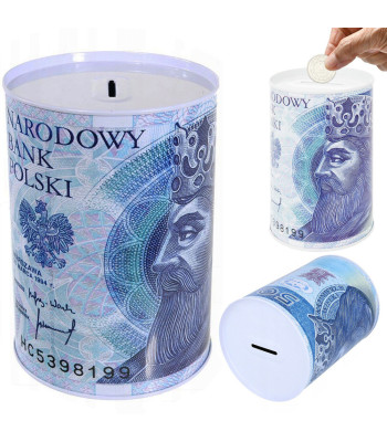Metāla krājkase kārbas formā ar banknotes apdruku