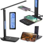 LED galda lampa ar USB, Qi lādētāju un pulksteni
