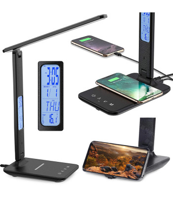 LED galda lampa ar USB, Qi lādētāju un pulksteni