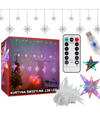 Daudzkrāsains LED gaismas aizkars ar zvaigznēm, USB barošanu un tālvadības pulti, 138 LED, 3m