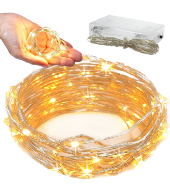Stieples gaismiņu virtene ar baterijām, silti balta gaisma, 100 led, 10m