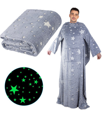 Pelēks flīsa pleds ar piedurknēm, spīdošs tumsā, XXL