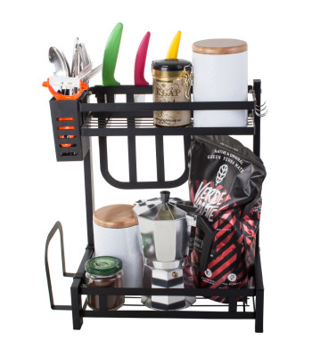 Divlīmeņu virtuves organizators ar galda piederumu žāvētāju, loft stilā, melns, 40 × 35 × 22,5 cm