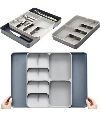 Virtuves piederumu organizators atvilktnei, izvelkams, pelēkos toņos, 28–50 × 39 × 5 cm
