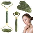 Jadeīta sejas masāžas komplekts — rullītis un gua sha plāksne