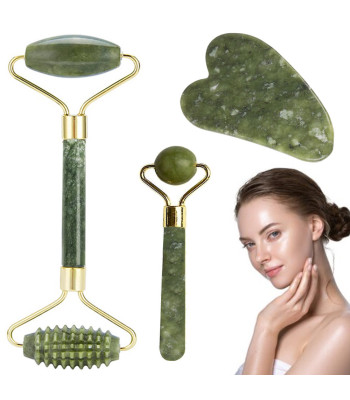 Jadeīta sejas masāžas komplekts — rullītis un gua sha plāksne