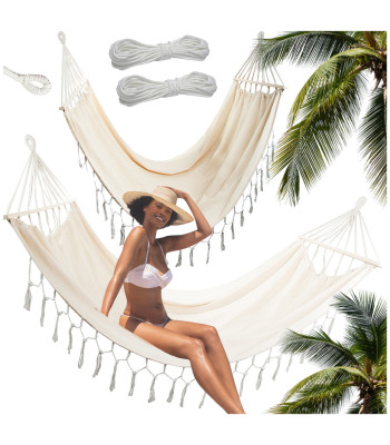 Dārza un tūrisma šūpuļtīkls boho stilā ar bārkstīm un koka līstēm divām personām, 200x150 cm