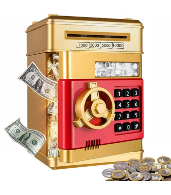 Interaktīva krājkasīte-seifs banknotēm un monētām, zelta krāsā, 13,5cm × 19cm × 12cm