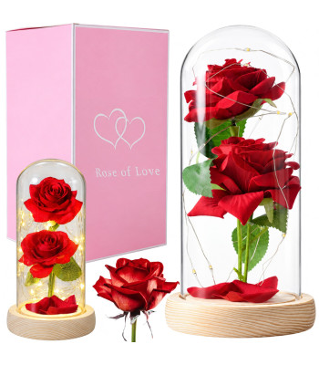 Sarkanas mūžīgās rozes stikla kupolā ar LED apgaismojumu, 21cm