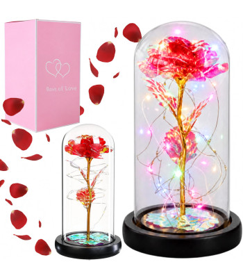 Sarkana un zeltaina mūžīgā roze stikla kupolā ar led rgb apgaismojumu