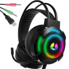 Vadu spēļu austiņas, virs ausīm liekamas, ar mikrofonu un RGB LED apgaismojumu, 5.1