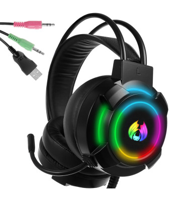 Vadu spēļu austiņas, virs ausīm liekamas, ar mikrofonu un RGB LED apgaismojumu, 5.1