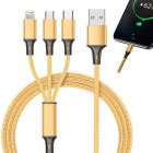USB kabelis 3 vienā ar Lightning, Micro USB un Type-C savienotājiem, zelta krāsā, 1,2m