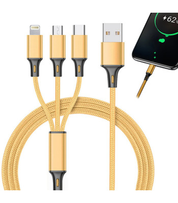 USB kabelis 3 vienā ar Lightning, Micro USB un Type-C savienotājiem, zelta krāsā, 1,2m