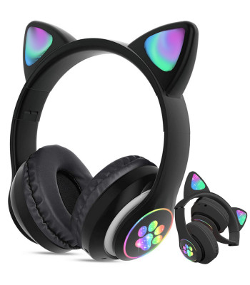 Bezvadu Bluetooth austiņas ar FM radio, MP3 un LED apgaismojumu kaķa ausu formā, melnas