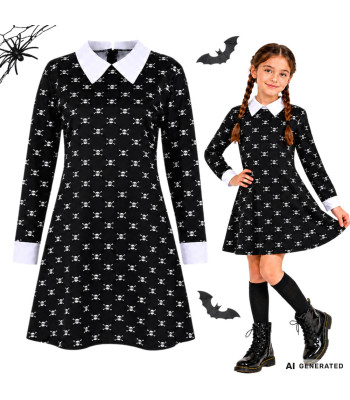 Bērnu Wednesday Addams kostīma kleita ar galvaskausu rakstu, melna, 125–135 cm