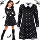 Bērnu kostīma kleita Wednesday Addams stilā, melna ar galvaskausiem, 115–125 cm