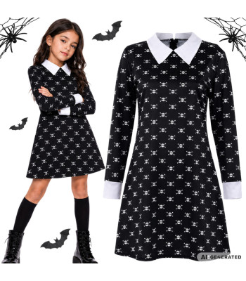 Bērnu kostīma kleita Wednesday Addams stilā, melna ar galvaskausiem, 115–125 cm