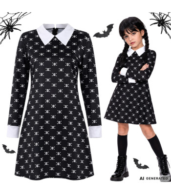 Bērnu Wednesday Addams kostīma kleita ar galvaskausu rakstu, melna, 135–145 cm