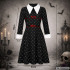 Bērnu Wednesday Addams kostīma kleita ar galvaskausu rakstu, melna, 135–145 cm