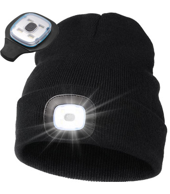 Melna ziemas cepure ar LED lukturi, USB uzlāde, 3 gaismas režīmi, 21 cm, 20–30 cm