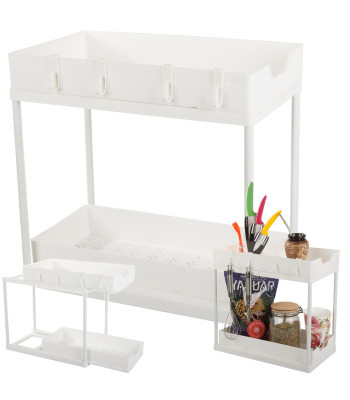 Izvelkams virtuves garšvielu plaukts-organizators ar 2 plauktiem un 4 āķiem, balts, 36cm x 40cm x 22cm