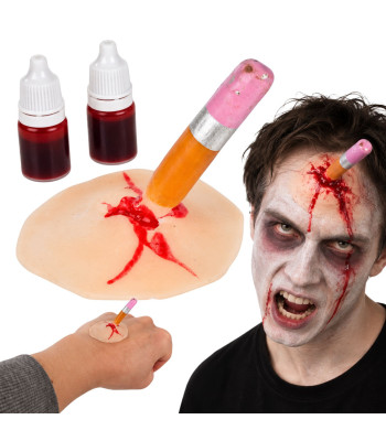 Mākslīgās brūces grima komplekts ar imitētu iedurtu zīmuli un mākslīgajām asinīm, Halloween, 26157