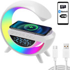 RGB LED lampa ar bezvadu lādētāju, skaļruni, modinātāju un radio, 24,5 × 24 × 8 cm