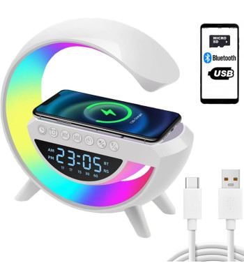 RGB LED lampa ar bezvadu lādētāju, skaļruni, modinātāju un radio, 24,5 × 24 × 8 cm