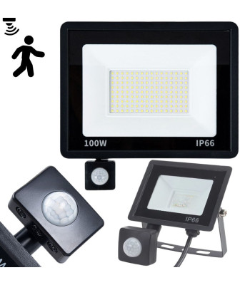 LED prožektors ar kustības un krēslas sensoru, 100 W, 6000 K, IP66, 18,5 × 24 × 3,5 cm