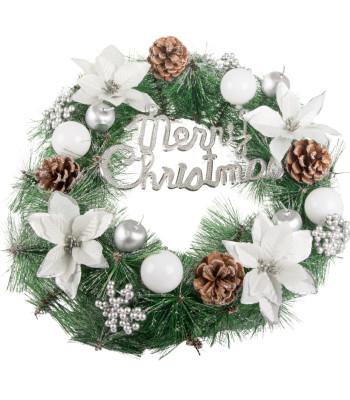 Ziemassvētku dekoratīvais vainags ar čiekuriem, ziediem un uzrakstu Merry Christmas, 40 cm