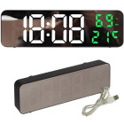 Digitālais LED pulkstenis-modinātājs ar termometru un spoguļa displeju, USB un bateriju barošana, 23cm x 7cm x 3,5cm