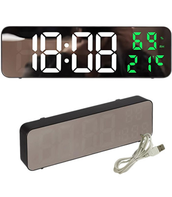 Digitālais LED pulkstenis-modinātājs ar termometru un spoguļa displeju, USB un bateriju barošana, 23cm x 7cm x 3,5cm