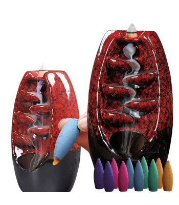 Keramikas aromātiskais vīraka turētājs ūdenskrituma formā aromterapijai, komplektā 10 vīraka konusi, sarkans, 20cm x 9cm