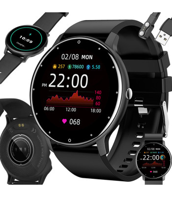 Sieviešu un vīriešu sporta viedpulkstenis ar silikona siksniņu un Bluetooth zvaniem, melns