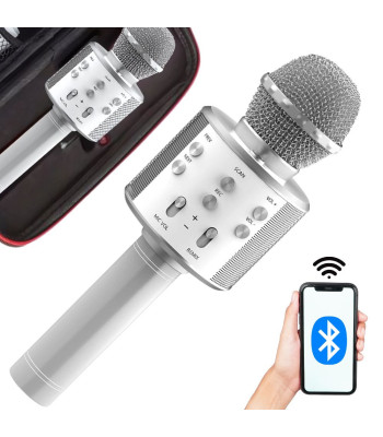 Apaļas formas bezvadu karaoke mikrofons ar Bluetooth skaļruni, maciņu un dažādiem režīmiem