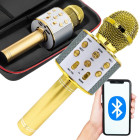 Apaļš bezvadu karaoke mikrofons ar Bluetooth skaļruni un futrāli, zelta krāsā, 22 cm