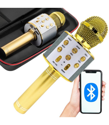 Apaļš bezvadu karaoke mikrofons ar Bluetooth skaļruni un futrāli, zelta krāsā, 22 cm