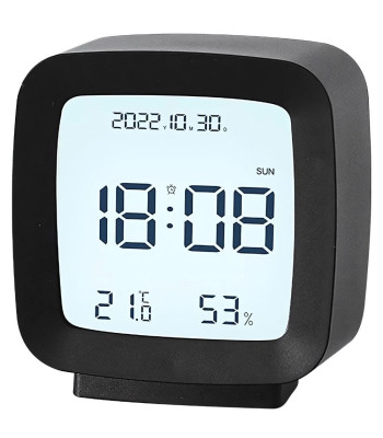 Modinātājpulkstenis ar datumu, temperatūras un mitruma mērītāju, LCD displeju un snaudas funkciju – melns