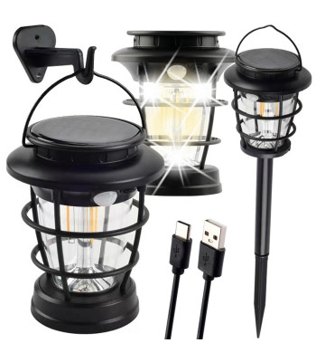 Saules kempinga lampa — dārza laterna ar LED, USB uzlādi un kustības un krēslas sensoru