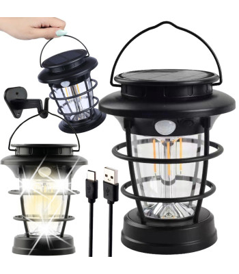Saules kempinga lampa, LED dārza laterna ar USB uzlādi un kustības sensoru