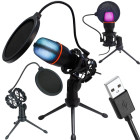 Studijas kardioīdais USB mikrofons straumēšanai un spēlēm ar RGB apgaismojumu un statīvu