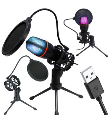 Studijas kardioīdais USB mikrofons straumēšanai un spēlēm ar RGB apgaismojumu un statīvu