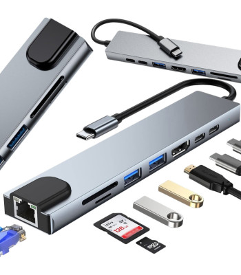 USB-C centrmezgls ar HDMI, SD, TF un RJ45, Thunderbolt 3, 8-in-1