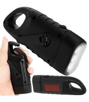 Dinamo un saules enerģijas LED lukturis ar rokas kloķi un klipsi, 3 LED, 12,5 × 2,5 × 4,5 cm
