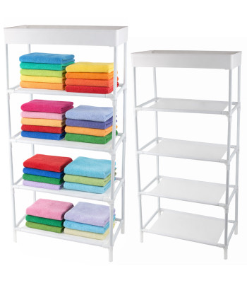 Apavu plaukts – saliekams organizators ar auduma plauktiem, balts, 5 plaukti, 81cm × 39,5cm × 21,5cm